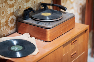 old and antique record player from the 60s.