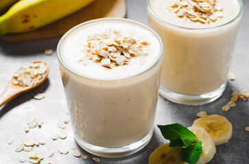 Banana Smoothie with Oats, Healthy Food, Detox, Vegan or Vegetarian Diet Food Concept