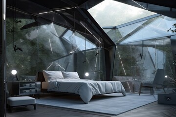futuristic bedroom with transparent walls, bringing the outside and stars inside, created with generative ai