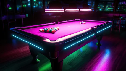 Foto op Plexiglas Game of billiards cue and layers on the tables neon light © Andriy