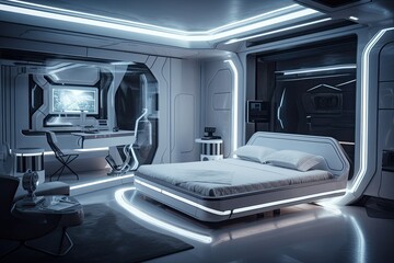 Fototapeta premium a futuristic bedroom with metallic accents, sleek lines, and advanced technology, created with generative ai
