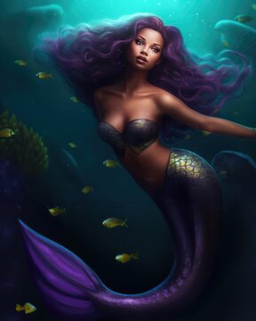 A beautiful black mermaid with purple hair in the underwater world. Fantasy woman. Banner for oceans day, created with generative ai