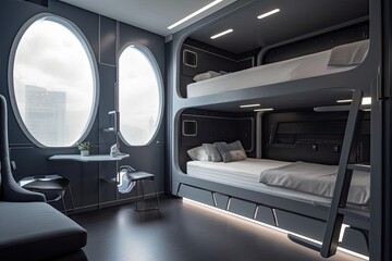 basic bedroom with bunk beds and window view of the stars in futuristic spaceship, created with generative ai
