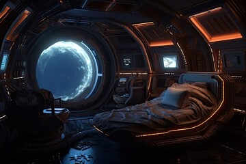 alien spaceship, with bedroom in the cockpit, orbiting planet at night, created with generative ai