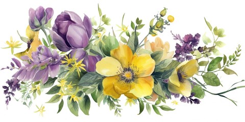 Boho Florals  Colorful Watercolor Botanical Design Collection on White, Generative AI