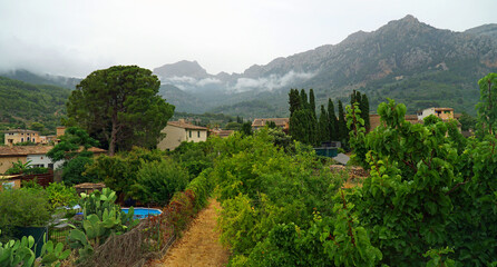 Fototapeta na wymiar View of Soller Mallorca with low cloud in front of Tramuntana mountains 