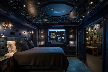 spaceship bedroom with starry night sky ceiling, moon and planets visible, created with generative ai