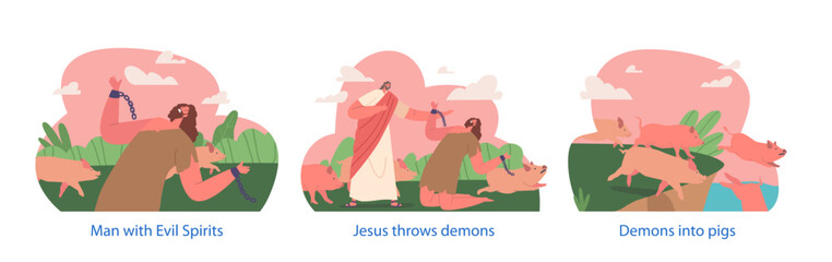 Biblical Testament Scenes Jesus Christ Character Expelled Demon From Possessed Man Into A Group Of Swine, Illustration Generative AI
