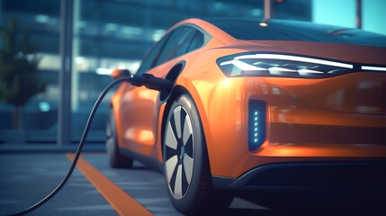 Obraz premium Cars use electric power to charging at the power outlet. cable between EV car and power outlet stand. Public charge station for electric cars. concept stop climate change, Generative AI, illustration