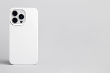 iPhone 13 and 14 Pro Max in white case back view isolated on grey background, banner with place for text on the right,  phone cover mock up