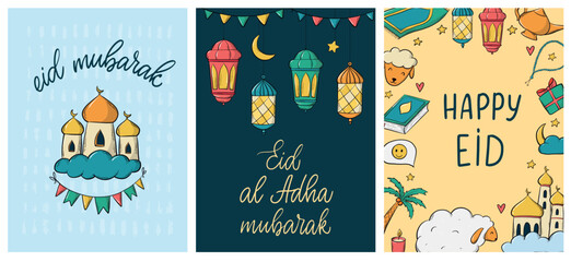 set of 3 islamic cards, posters, prints, banners, invitations, templates decorated with lettering quotes and doodles. EPS 10