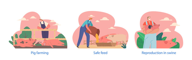Farmer Characters Tend To Pigs On A Farm. They Provide Feed, Water, Reproduction And Care, Cartoon Vector Illustration Generative AI