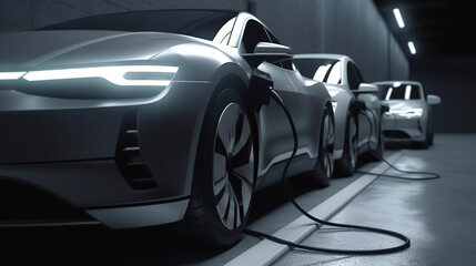 Cars use electric power to charging at the power outlet. cable between EV car and power outlet stand. Public charge station for electric cars. concept stop climate change, Generative AI, illustration