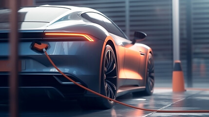 Cars use electric power to charging at the power outlet. cable between EV car and power outlet stand. Public charge station for electric cars. concept stop climate change, Generative AI, illustration
