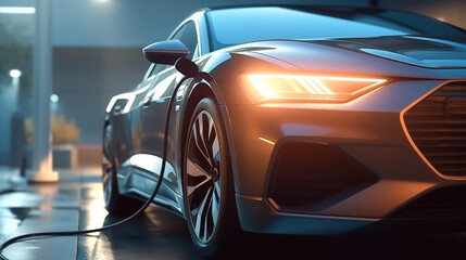 Cars use electric power to charging at the power outlet. cable between EV car and power outlet stand. Public charge station for electric cars. concept stop climate change, Generative AI, illustration