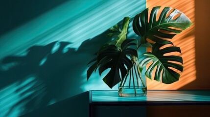 a bright colour empty product display background with a tropical leaf shadow on the wall, generative ai.