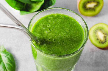 Green Smoothie, Refreshing Spinach, Kiwi, Apple Drink, Healthy Food, Detox, Vegan or Vegetarian Diet Food Concept