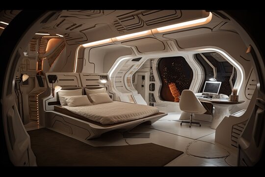 spaceship bedroom with view of the stars, and futuristic decor, created with generative ai