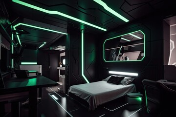 spaceship bedroom with sleek black walls and neon lights, resembling an intergalactic nightclub, created with generative ai