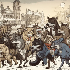 wolves leading a democratic society, with various animal representatives gathered in a parliament-like setting, ai