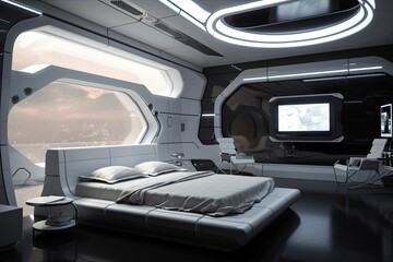 futuristic bedroom, with sleek lines and futuristic decor, featuring transparent walls and view of outer space, created with generative ai