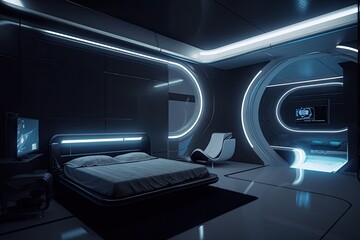 futuristic bedroom with sleek metallic walls, floating viewports and ambient lighting, created with generative ai