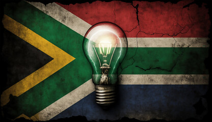 Concept of loadshedding in South Africa. Lightbulb lighting up a South African flag. Generative AI - obrazy, fototapety, plakaty