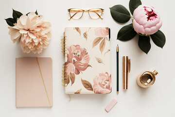 Workspace with diary notebook, gold accessories, pink and blush blossom peony flowers. Bloom floral top table view on white background for banner. Generative AI  - 598090313