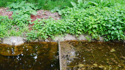 Ruisseau d'eau ou lac avec des grilles de fer pour limiter le courant d'eau, vestige historique ou...