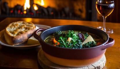 Cozy bowl of soup or stew with seasonal ingredients, served in a metal bowl, filled with leafy greens such as kale and spinach, and topped with fresh  parsley and thyme.