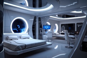 futuristic bedroom with sleek design and floating furniture, surrounded by stars and planets, created with generative ai