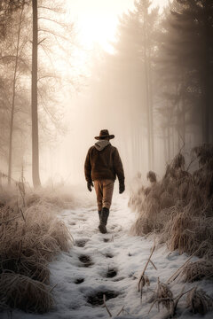 man walking through a misty forest, with snow on the ground, wearing a hat and gloves, ai