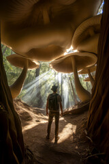 A man walking through a forest of giant mushrooms, with an ethereal light illuminating the way, ai
