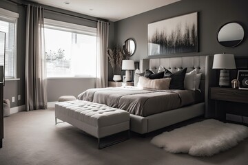 modern bedroom, with sleek lines and unique design elements, featuring silver accents, created with generative ai