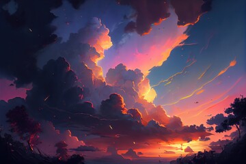 Fototapeta na wymiar Fantasy sky with stormy clouds at sunset