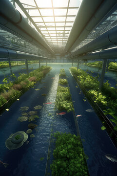 A surreal scene of solar panels powering an aquaponic farm, with fish swimming in tanks beneath rows of leafy greens, ai