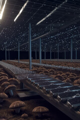 Naklejka premium A surreal scene of solar panels powering a mushroom farm, with shelves of mushrooms growing in a dark, cool space beneath the panels, ai