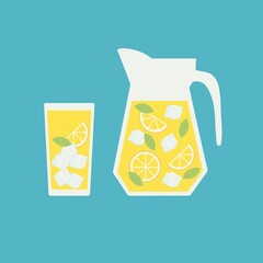 Refreshing lemonade illustration. Glass with straw and pitcher with lemons and ice cubes. Retro style illustration with vintage texture