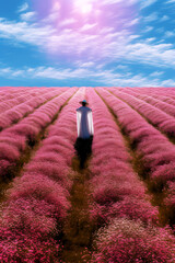 A surreal lone figure standing in a field of flowers, ai