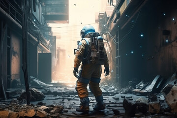 Fototapeta na wymiar Futuristic space ranger astronaut in ruined cyberpunk city. Digitally generated AI image