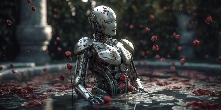 Androide agrietado y asesino rodeado de rosas rojas, concepto aniquilación humana IA generativa