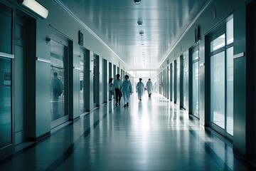 Obraz premium Blurry Hospital Hallway Backdrop With Doctors Generative AI