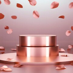 rose gold metal podium with floating rose petals - obrazy, fototapety, plakaty