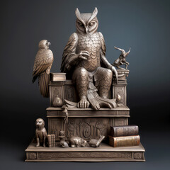 A sculpture of a wise old owl sitting on a throne made of books, with other animals gathered around him seeking knowledge and advice, ai