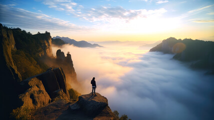 Naklejka na ściany i meble person standing on a cliff overlooking a valley filled with clouds, ai
