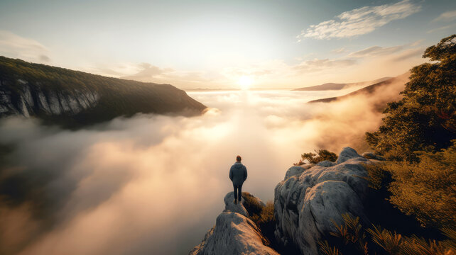 person standing on a cliff overlooking a valley filled with clouds, ai