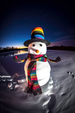 snowman with a top hat and a colorful scarf, standing on a frozen lake under a starry night sky, ai