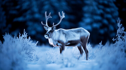 reindeer with antlers covered in frost, standing in a snowy forest, ai