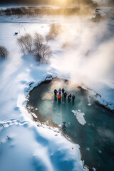 a group of people enjoying a hot spring in the middle of a snow-covered landscape, ai