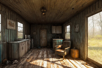 An old abandoned broken wooden house in the middle of the forest like a scene from a western movie. Concept of horror with ghosts. Generative AI.